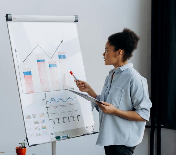 Marketer presenting charts to explain transparent data and reporting